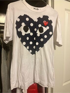 Comme des Garcons PLAY White Tee with Navy Polka Dot Heart and Red Logo